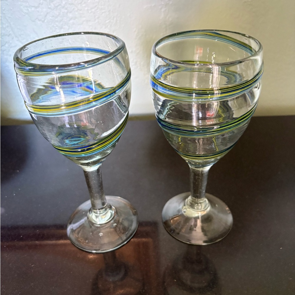 Recycled 2 Wine/Water Hand Blown In Mexico Blue/Green Stripes 8 1/4” High